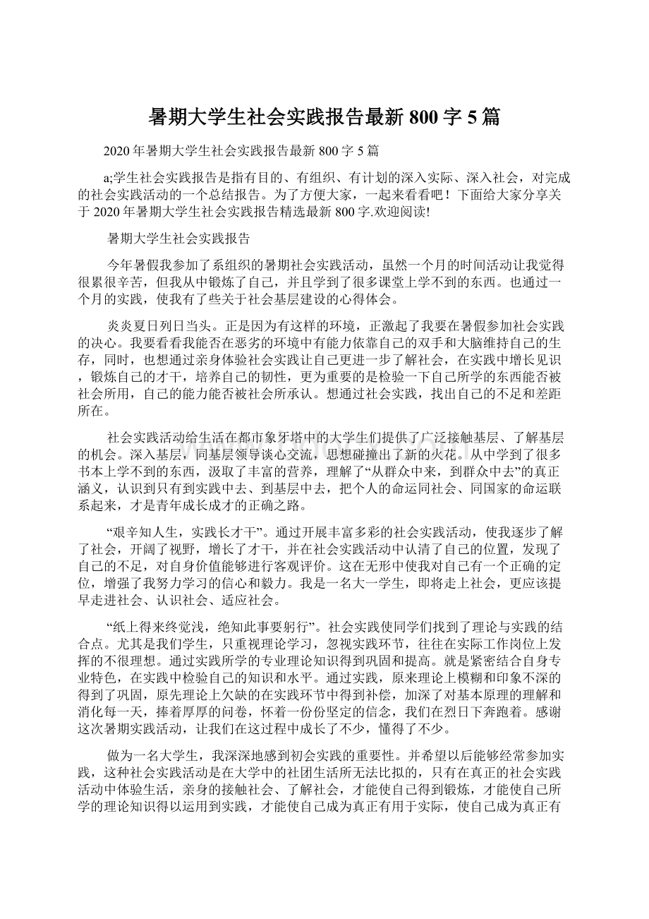 暑期大学生社会实践报告最新800字5篇.docx