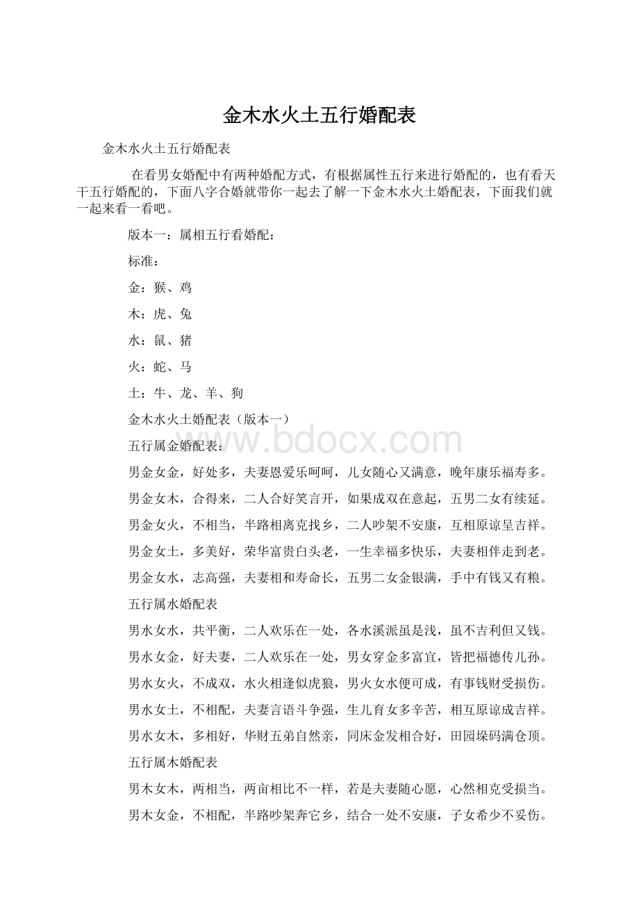 金木水火土五行婚配表Word格式.docx_第1页