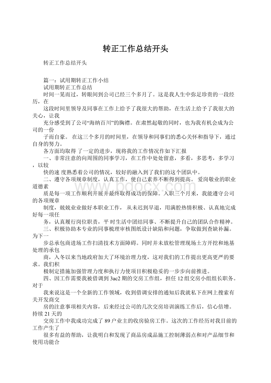 转正工作总结开头Word格式文档下载.docx