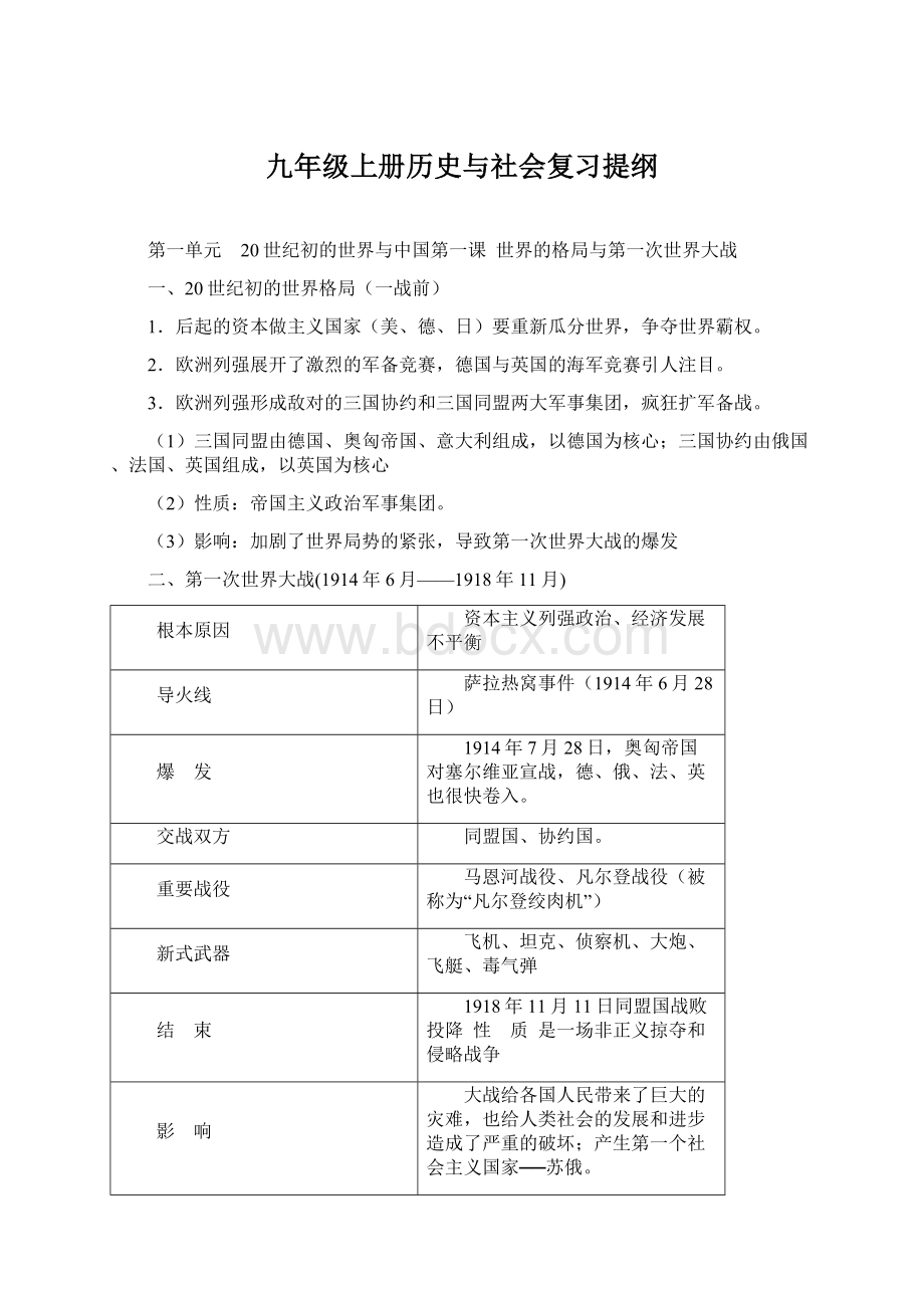 九年级上册历史与社会复习提纲.docx