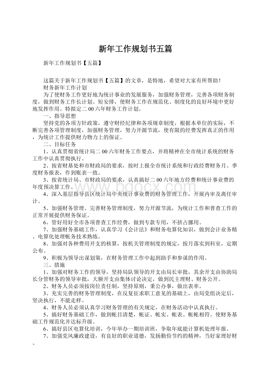 新年工作规划书五篇Word格式文档下载.docx_第1页