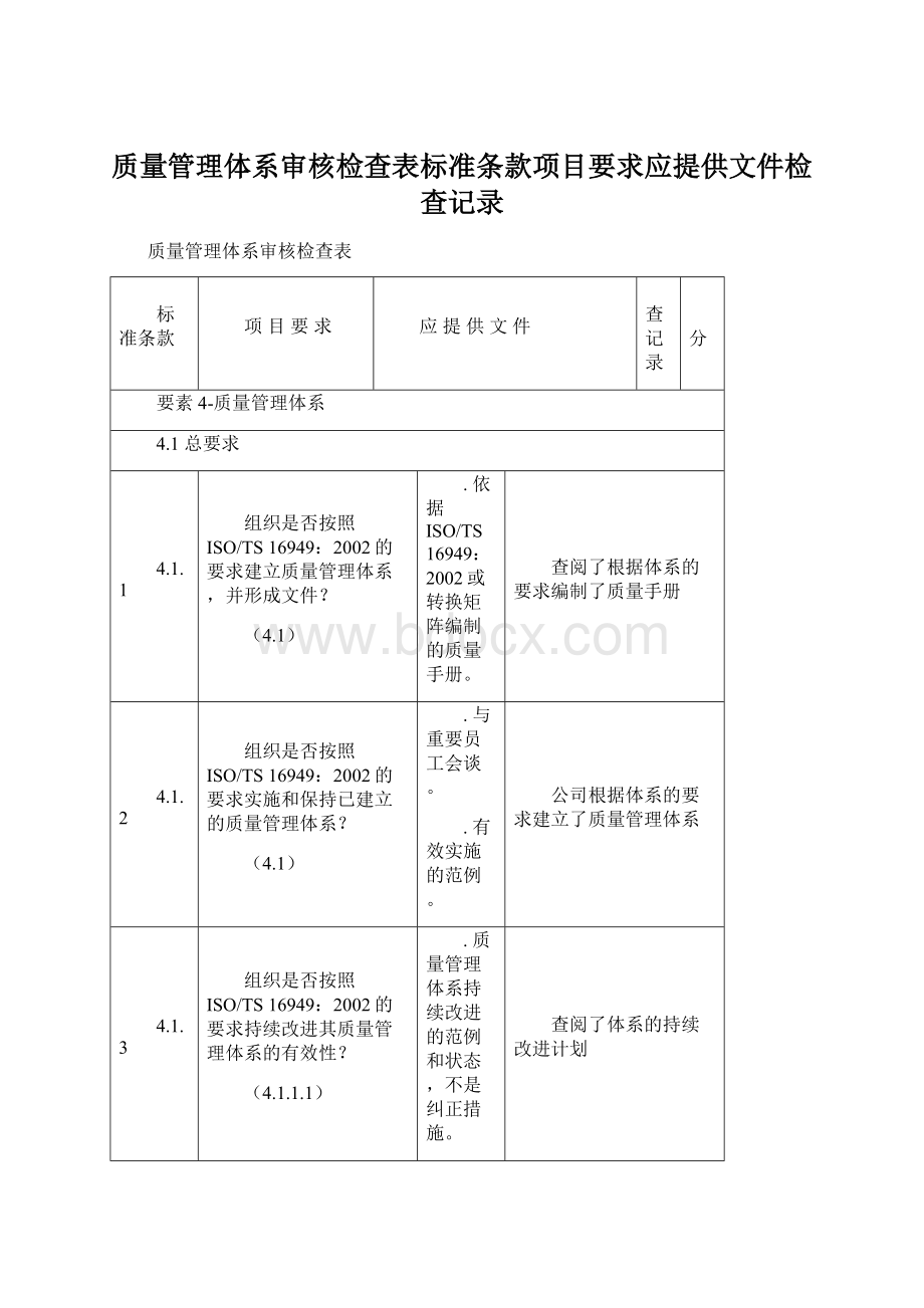 质量管理体系审核检查表标准条款项目要求应提供文件检查记录.docx