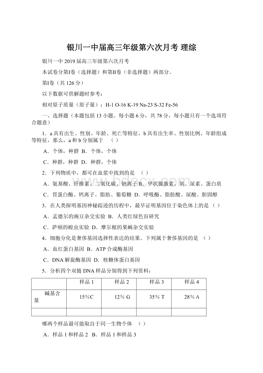 银川一中届高三年级第六次月考 理综.docx_第1页