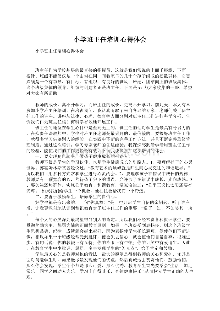 小学班主任培训心得体会文档格式.docx