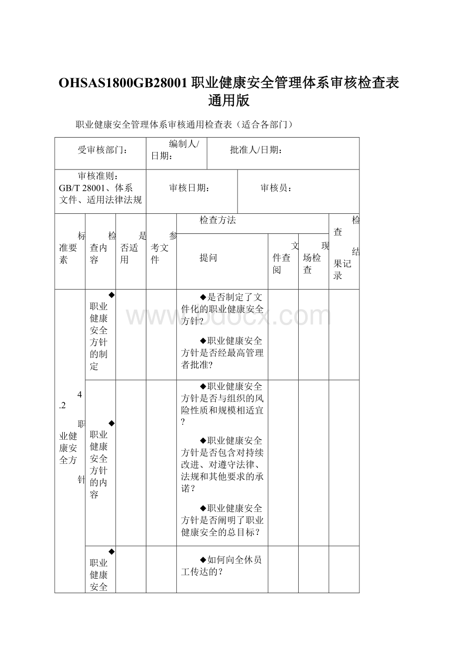 OHSAS1800GB28001职业健康安全管理体系审核检查表通用版.docx