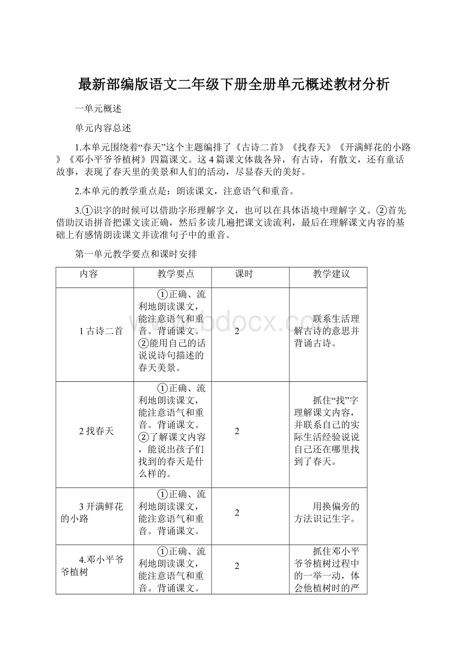 最新部编版语文二年级下册全册单元概述教材分析Word格式文档下载.docx