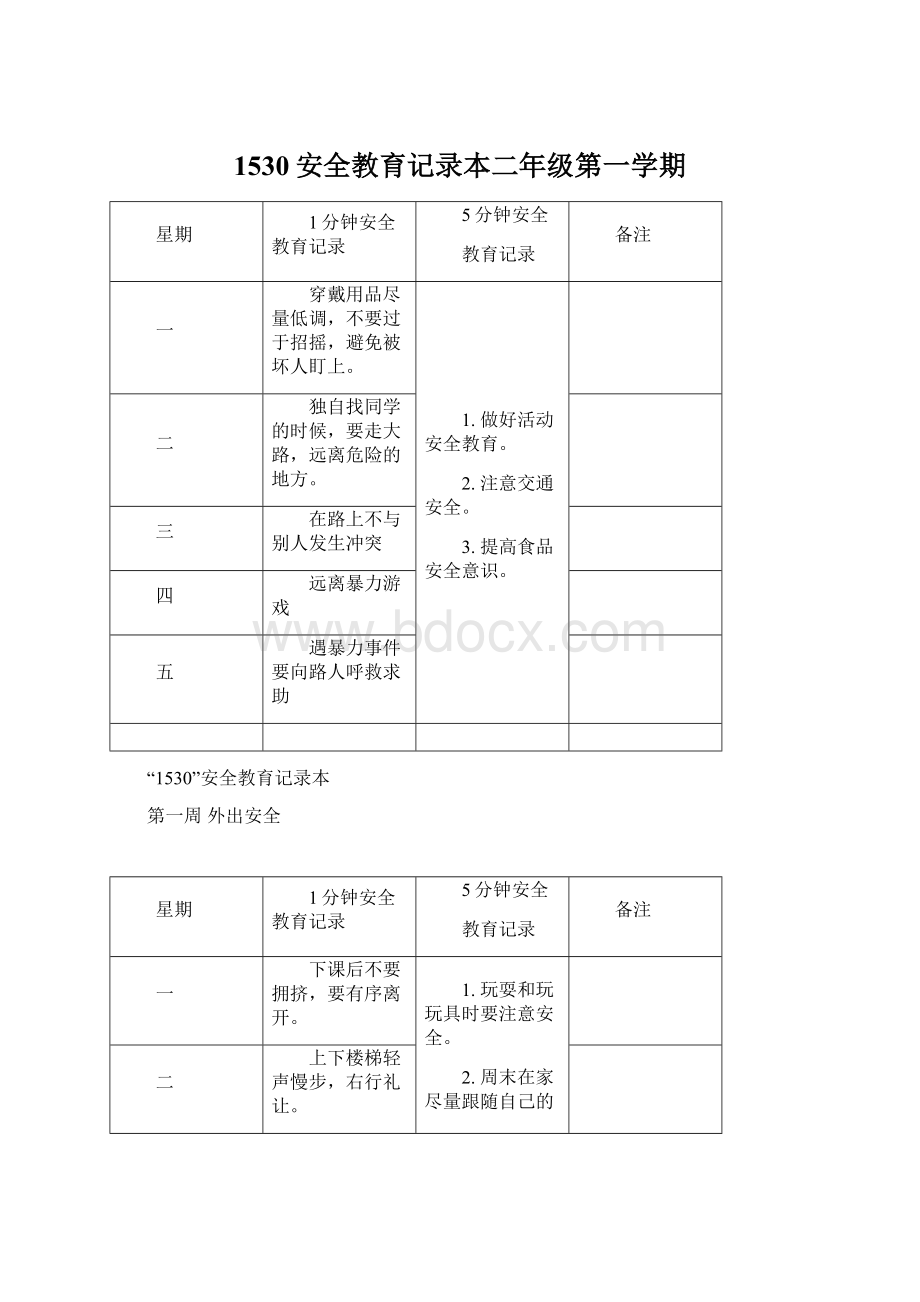 1530安全教育记录本二年级第一学期Word格式文档下载.docx_第1页