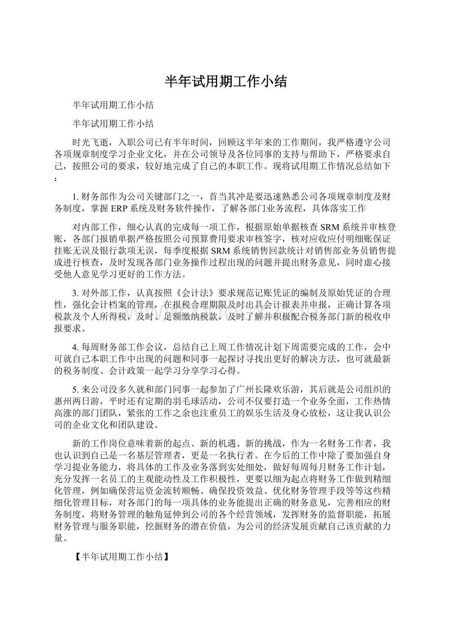 半年试用期工作小结Word文件下载.docx