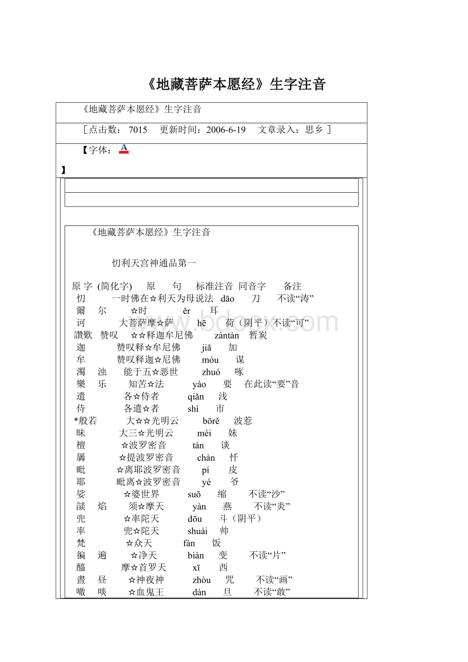 《地藏菩萨本愿经》生字注音Word格式文档下载.docx_第1页