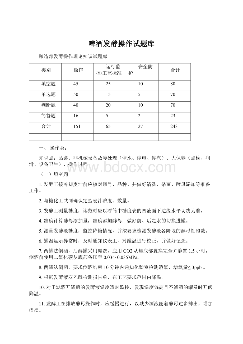 啤酒发酵操作试题库.docx