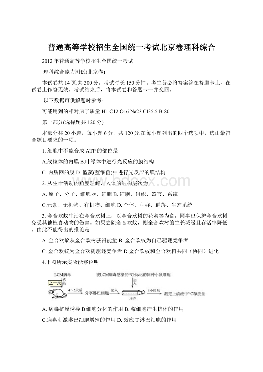 普通高等学校招生全国统一考试北京卷理科综合Word格式.docx_第1页