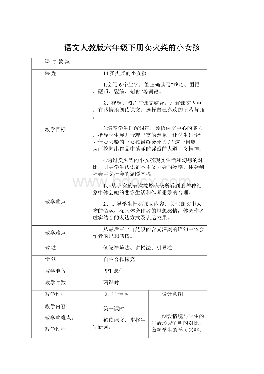 语文人教版六年级下册卖火菜的小女孩Word下载.docx_第1页