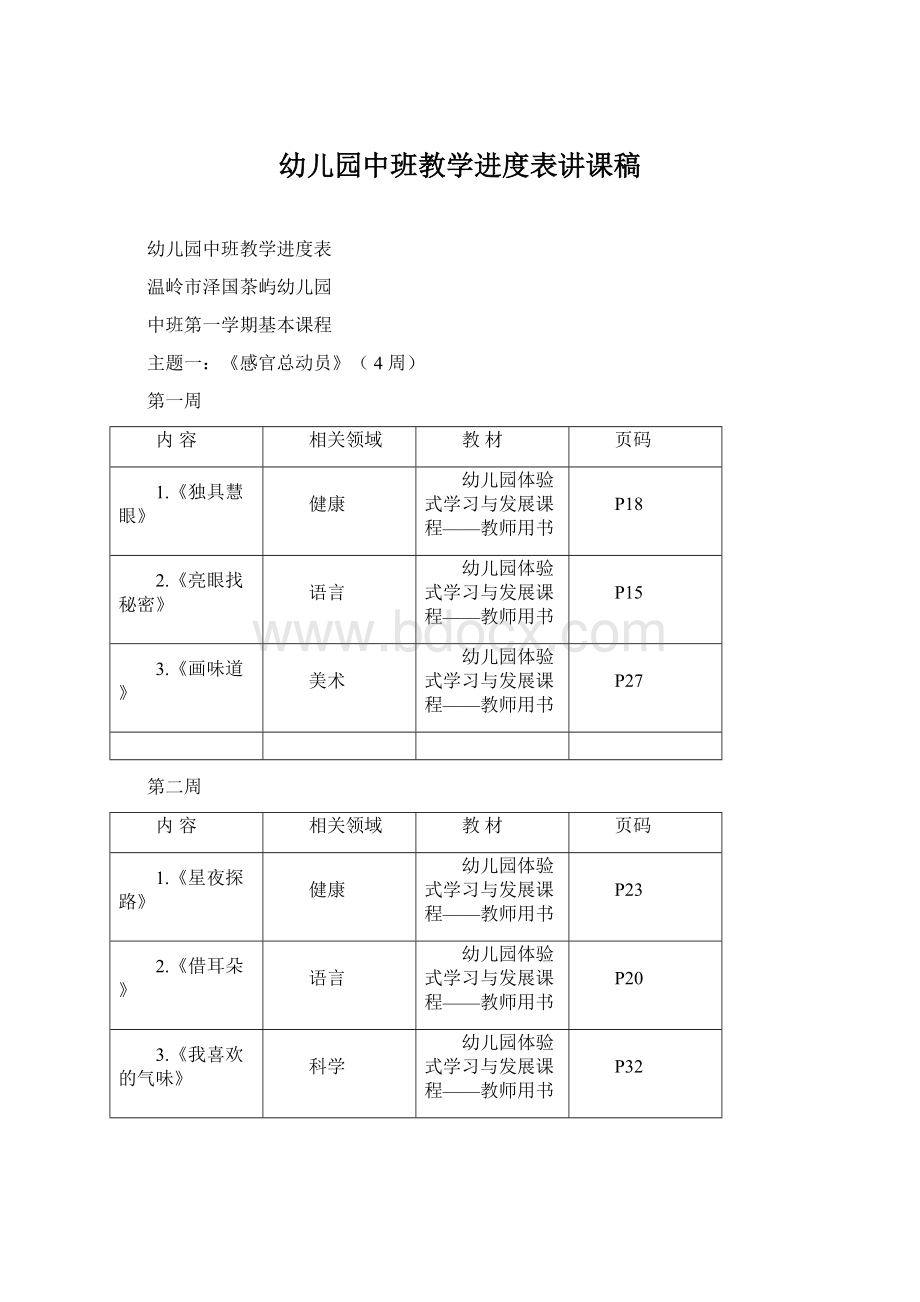 幼儿园中班教学进度表讲课稿Word文档格式.docx