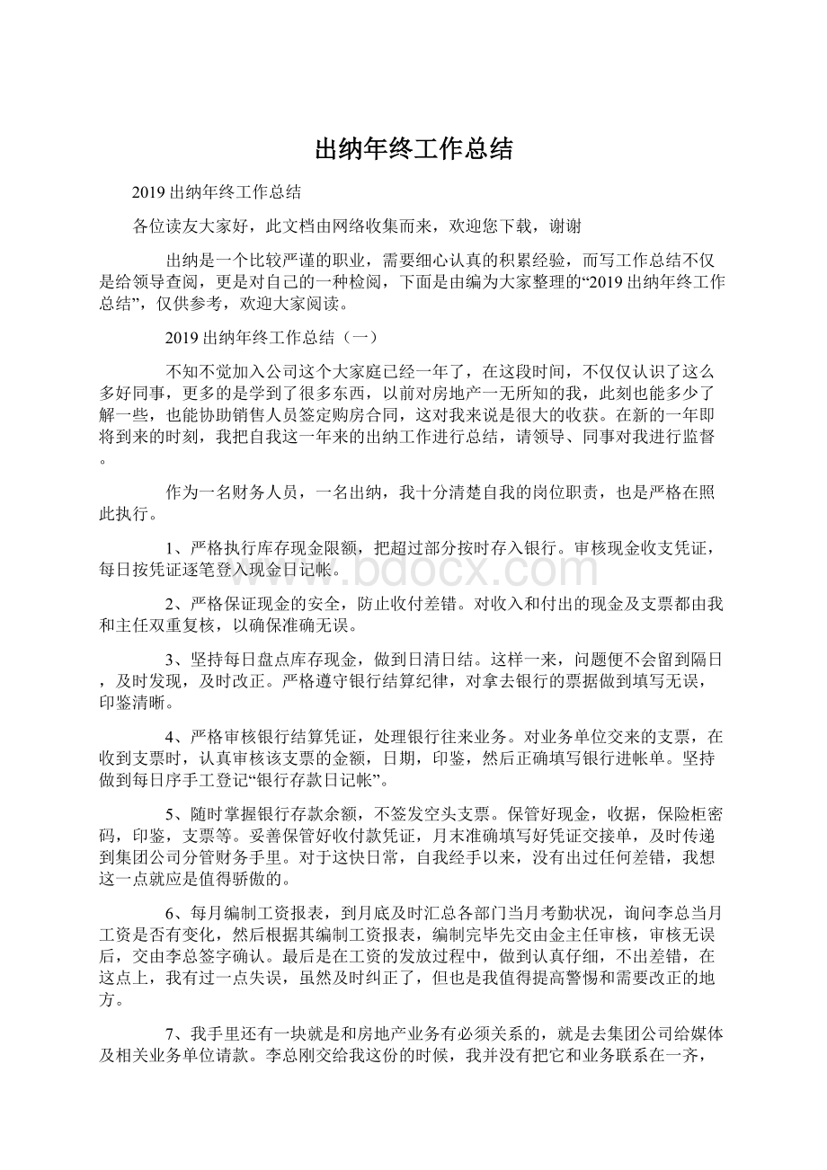 出纳年终工作总结文档格式.docx