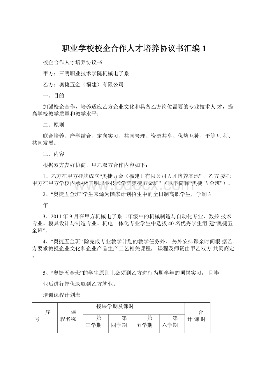 职业学校校企合作人才培养协议书汇编1.docx_第1页