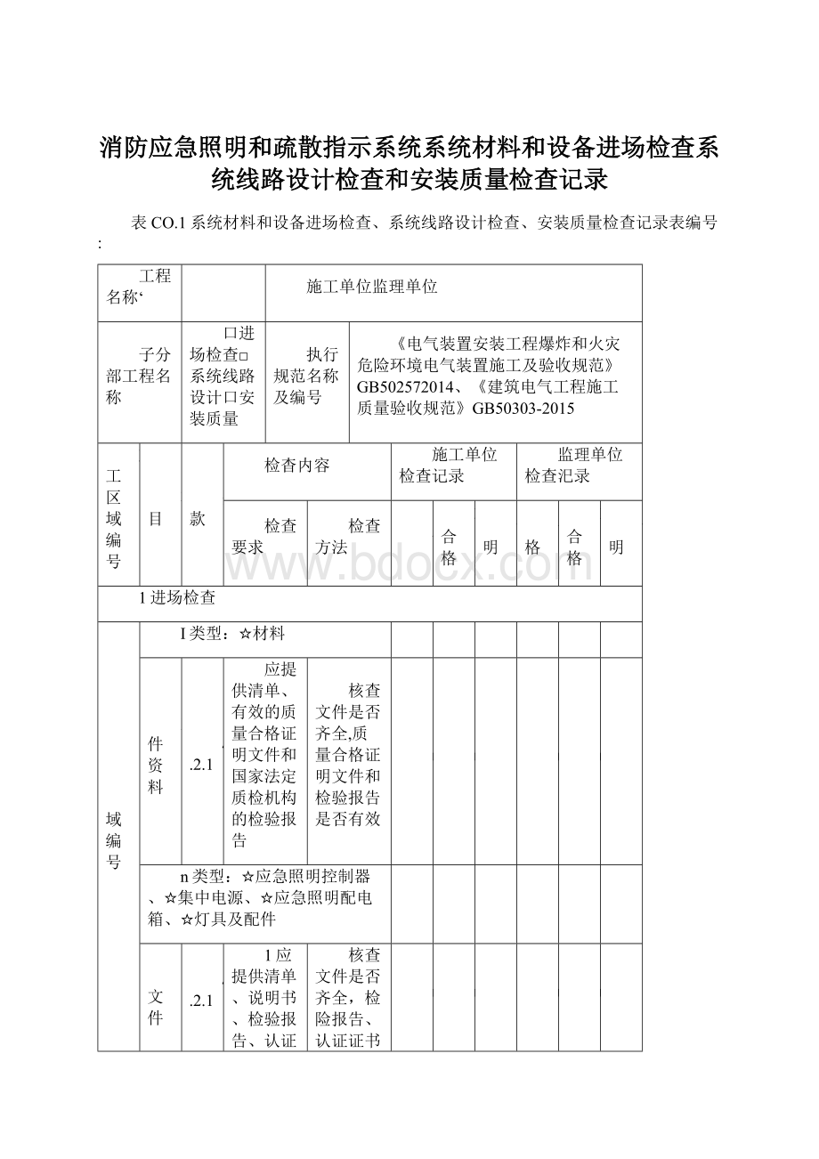 消防应急照明和疏散指示系统系统材料和设备进场检查系统线路设计检查和安装质量检查记录.docx