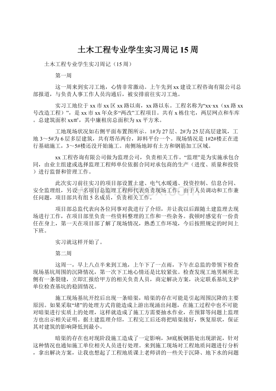 土木工程专业学生实习周记15周.docx