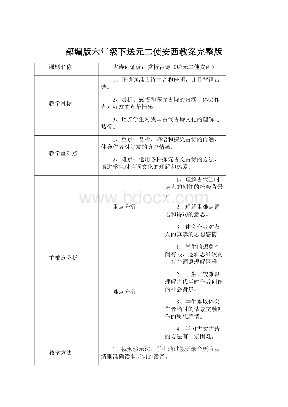 部编版六年级下送元二使安西教案完整版.docx_第1页