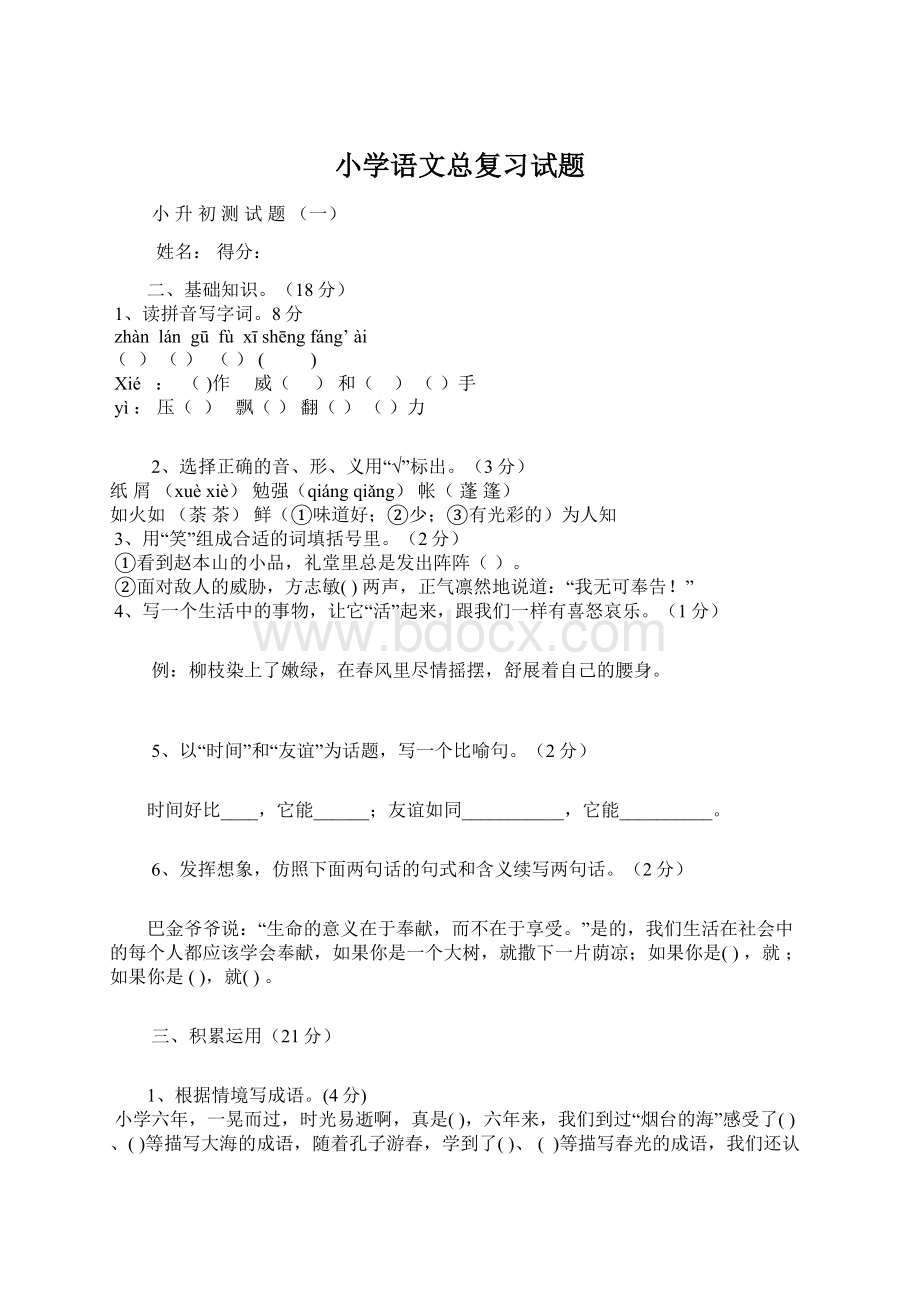 小学语文总复习试题.docx