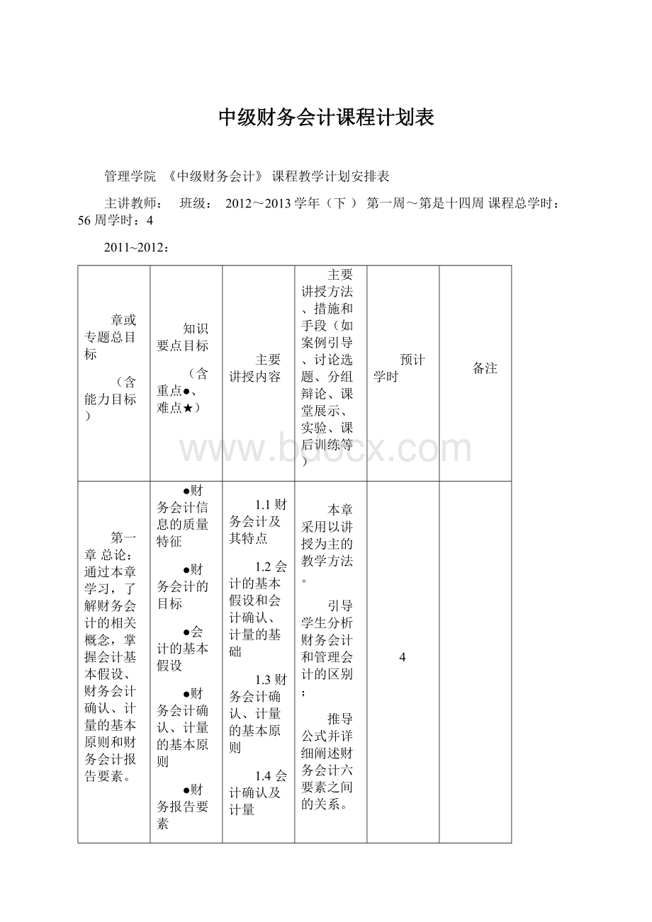 中级财务会计课程计划表.docx_第1页