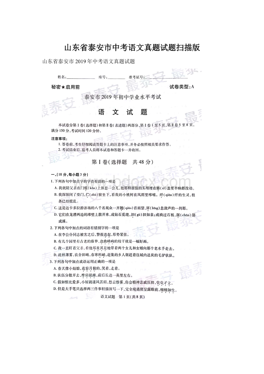 山东省泰安市中考语文真题试题扫描版Word文档下载推荐.docx