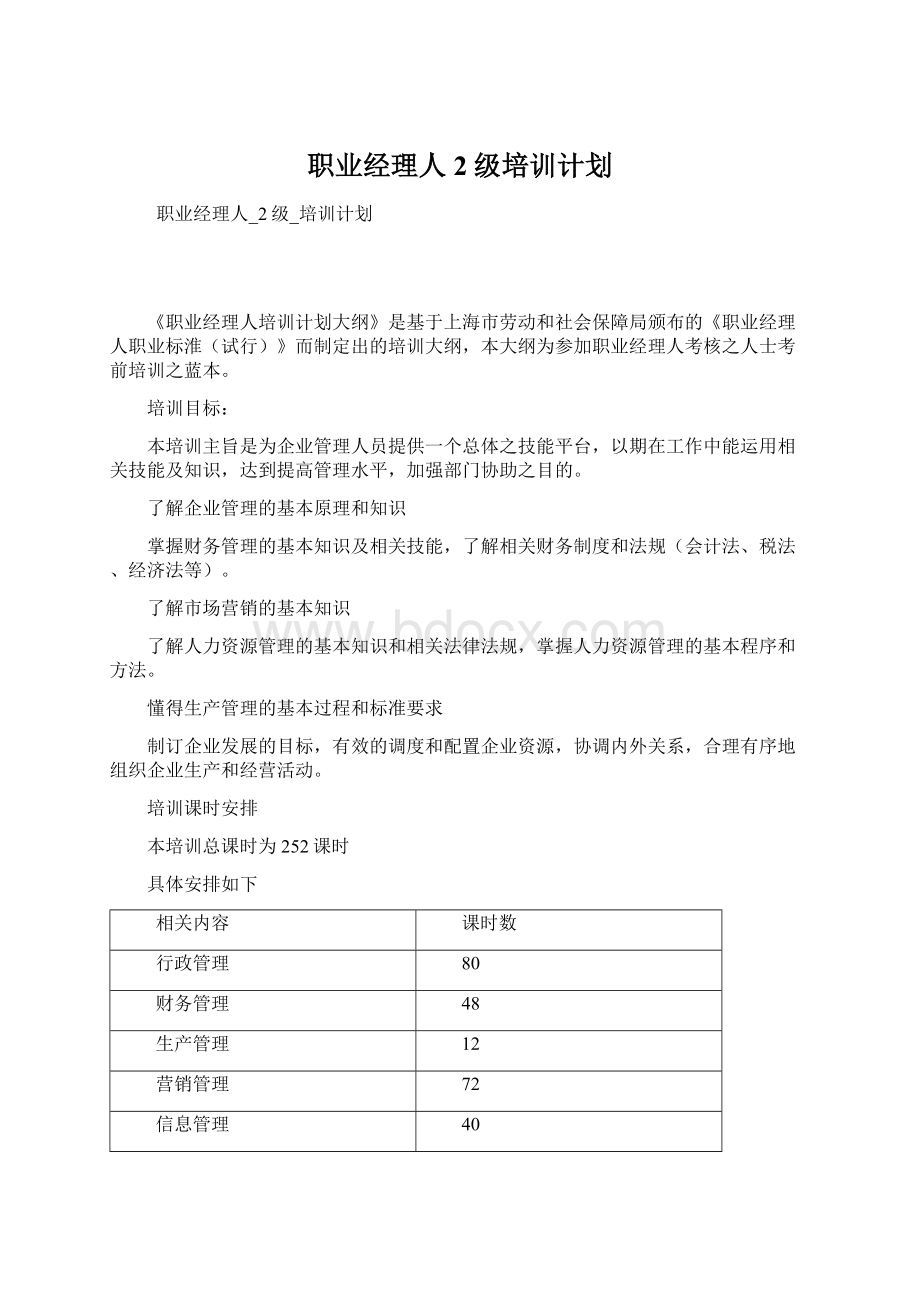 职业经理人2级培训计划Word格式文档下载.docx