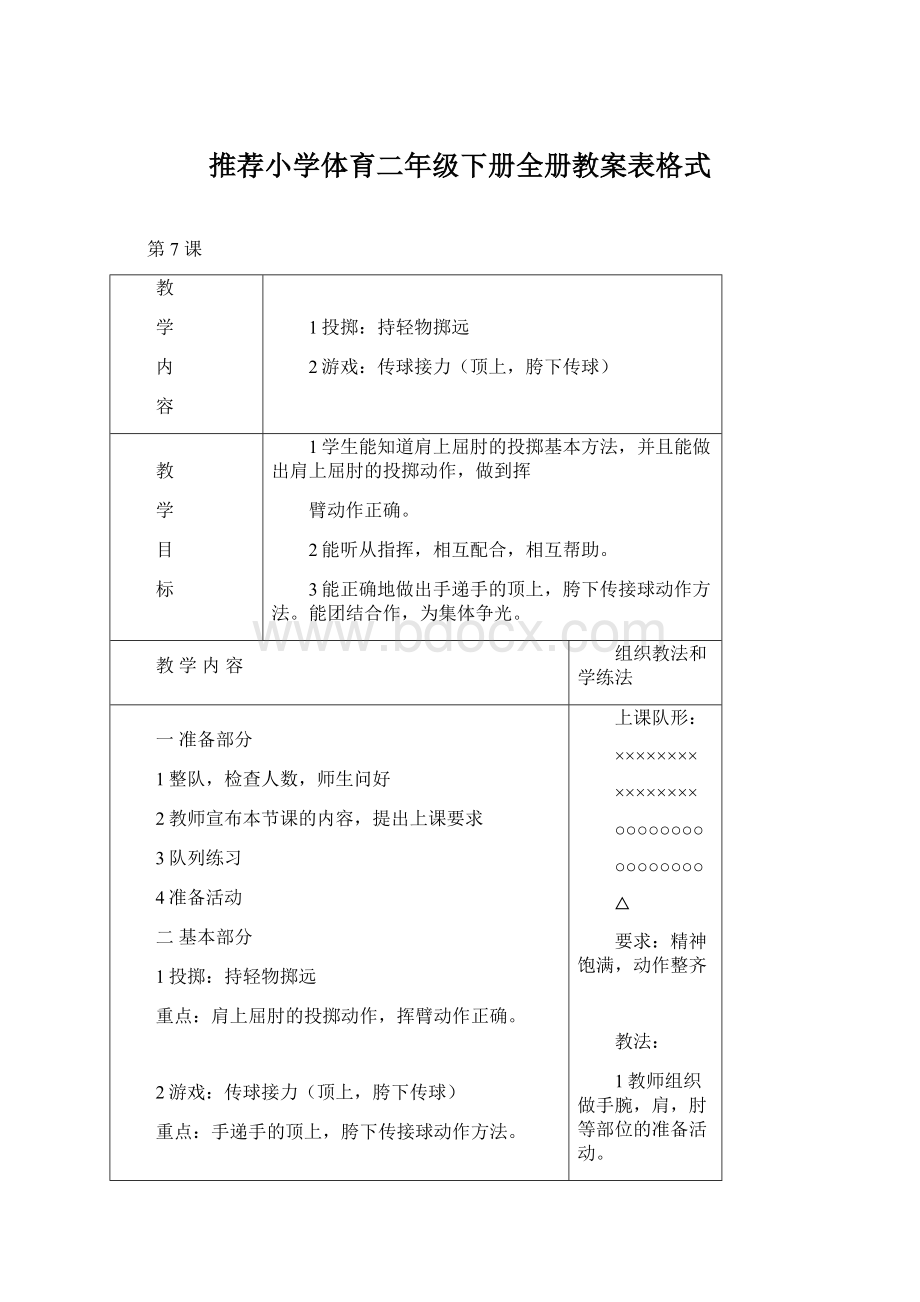 推荐小学体育二年级下册全册教案表格式.docx_第1页