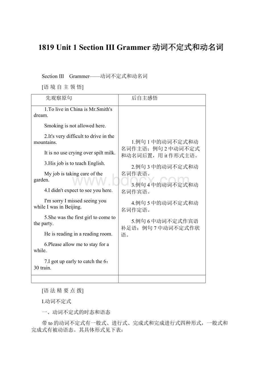 1819 Unit1 Section Ⅲ Grammer动词不定式和动名词.docx_第1页