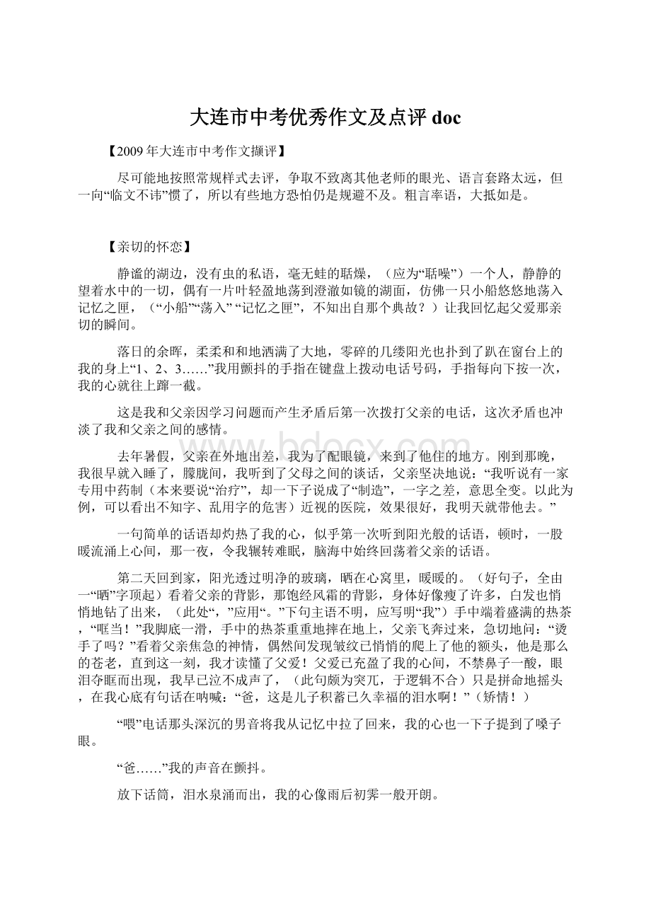 大连市中考优秀作文及点评docWord下载.docx