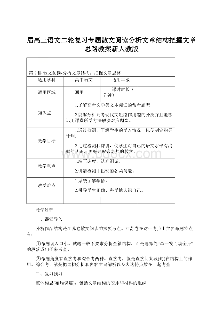 届高三语文二轮复习专题散文阅读分析文章结构把握文章思路教案新人教版.docx_第1页