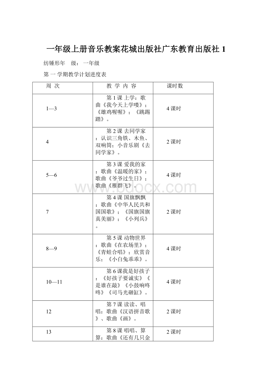 一年级上册音乐教案花城出版社广东教育出版社 1.docx