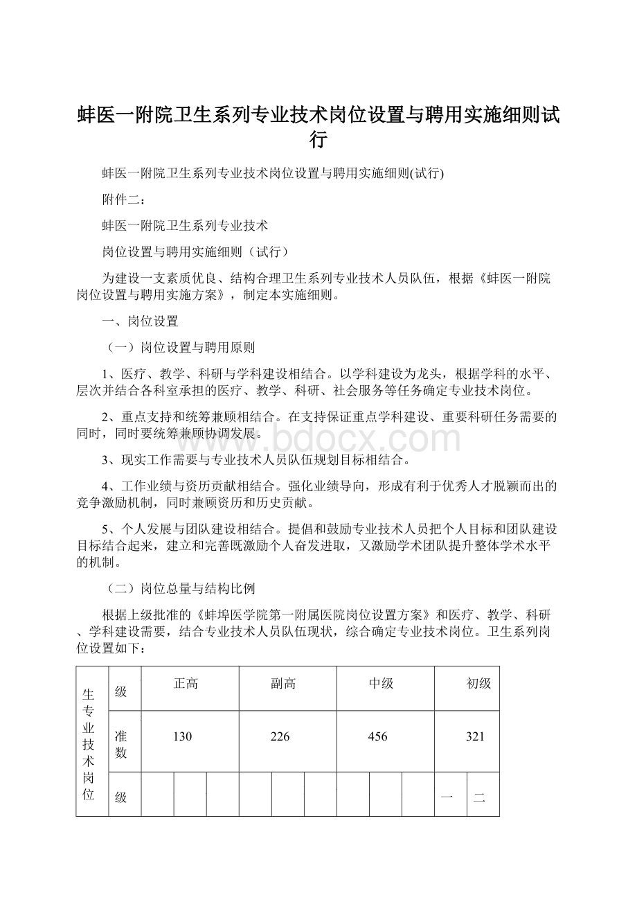 蚌医一附院卫生系列专业技术岗位设置与聘用实施细则试行Word文件下载.docx_第1页