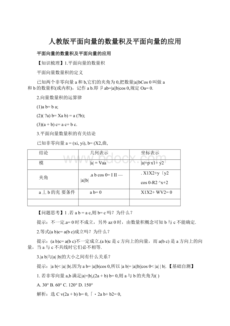 人教版平面向量的数量积及平面向量的应用.docx_第1页