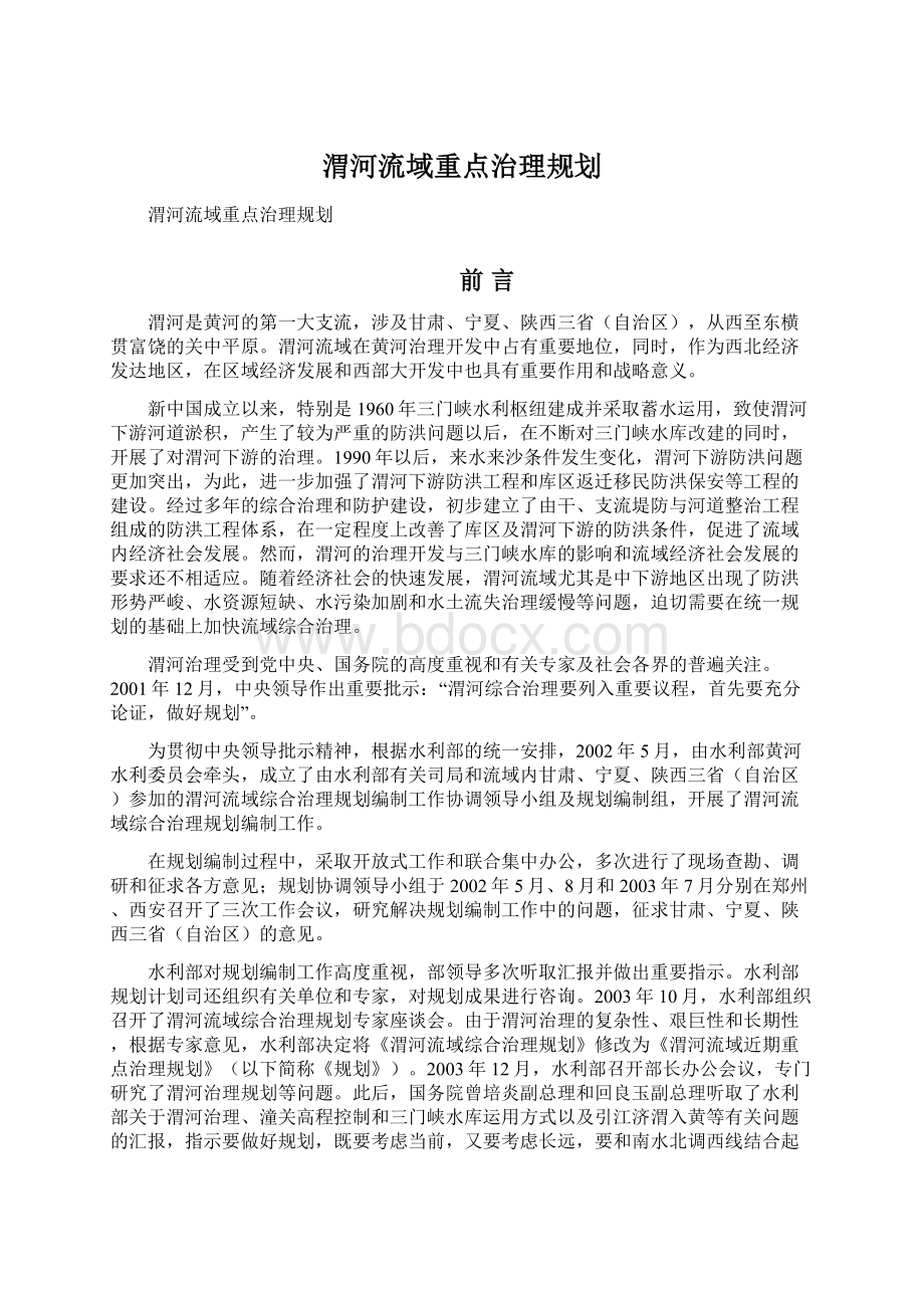 渭河流域重点治理规划Word格式文档下载.docx