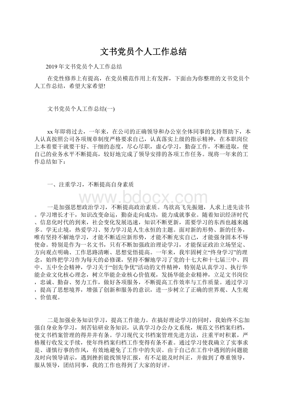 文书党员个人工作总结Word文档格式.docx