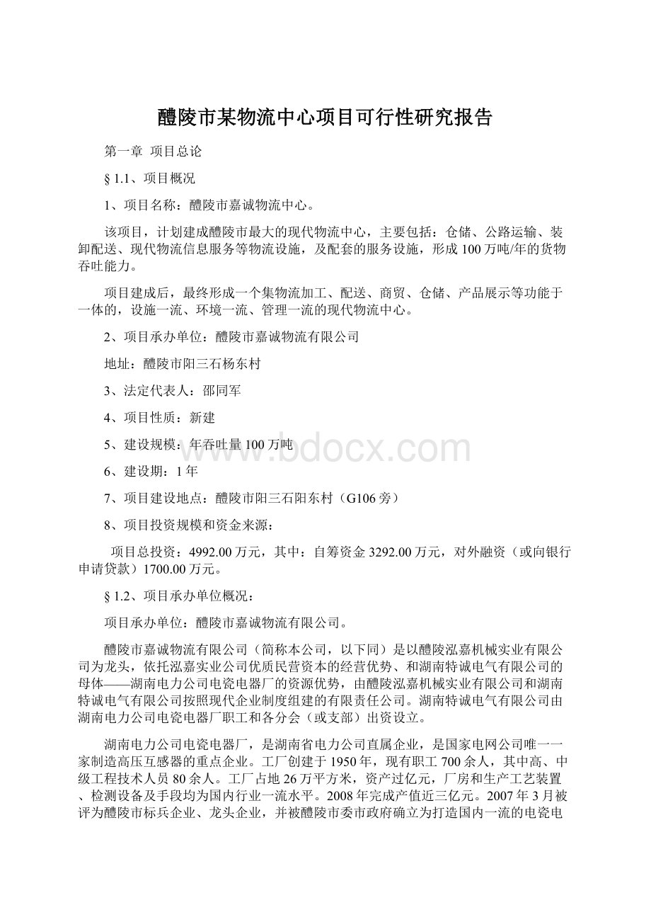 醴陵市某物流中心项目可行性研究报告Word格式文档下载.docx