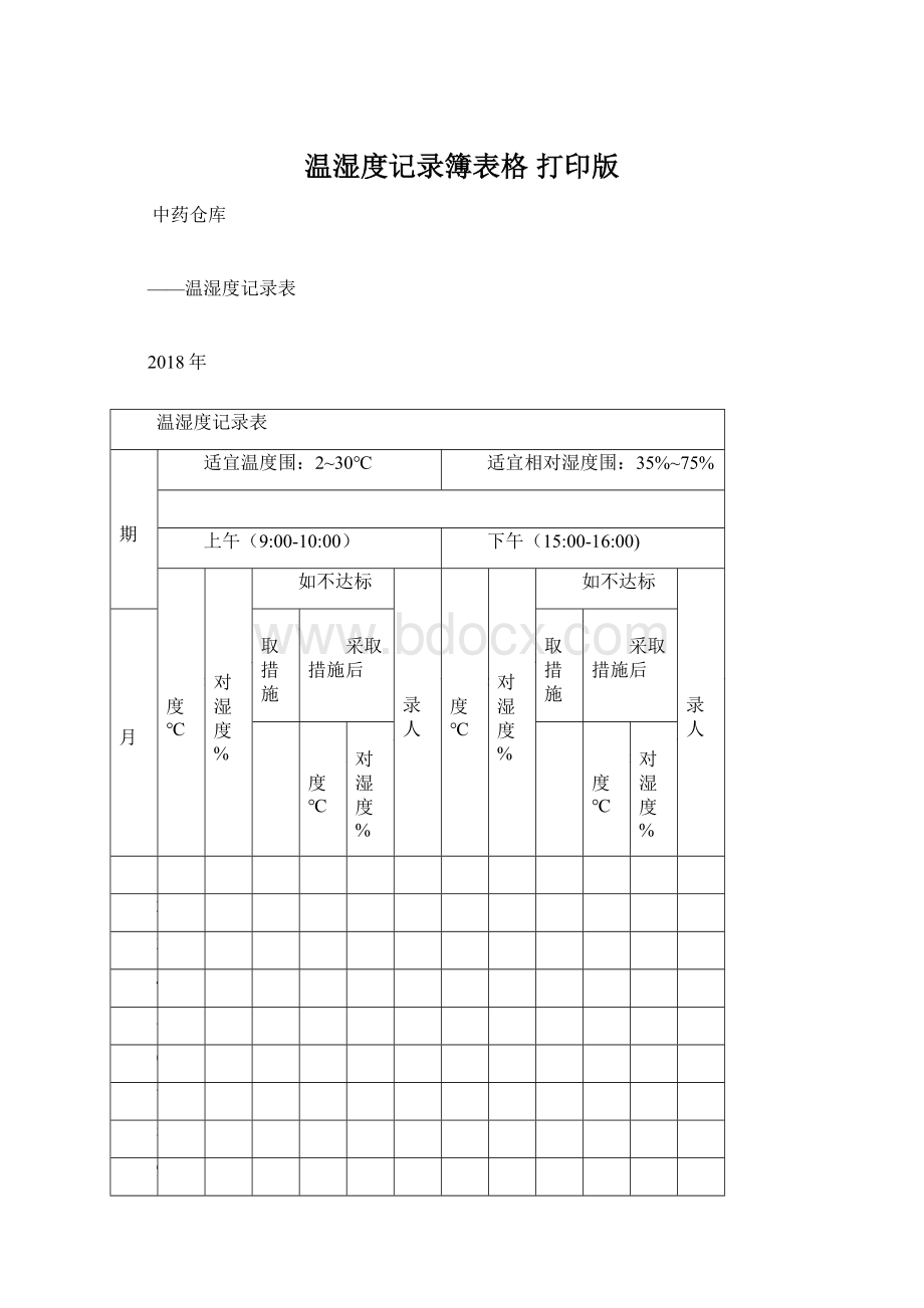 温湿度记录簿表格 打印版Word文档下载推荐.docx