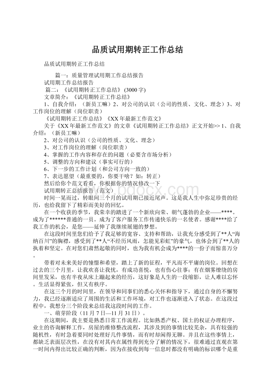 品质试用期转正工作总结Word文档格式.docx