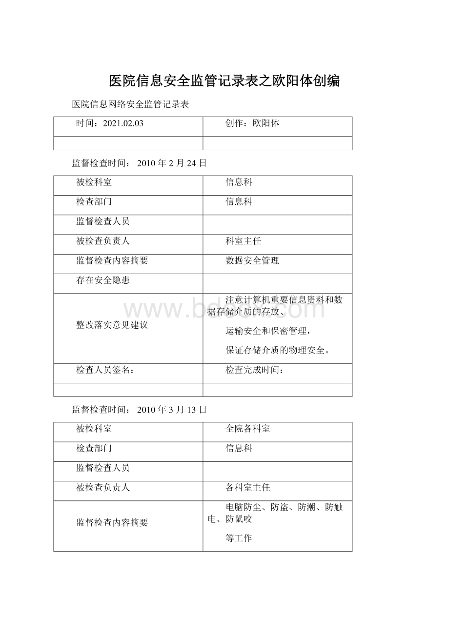 医院信息安全监管记录表之欧阳体创编.docx