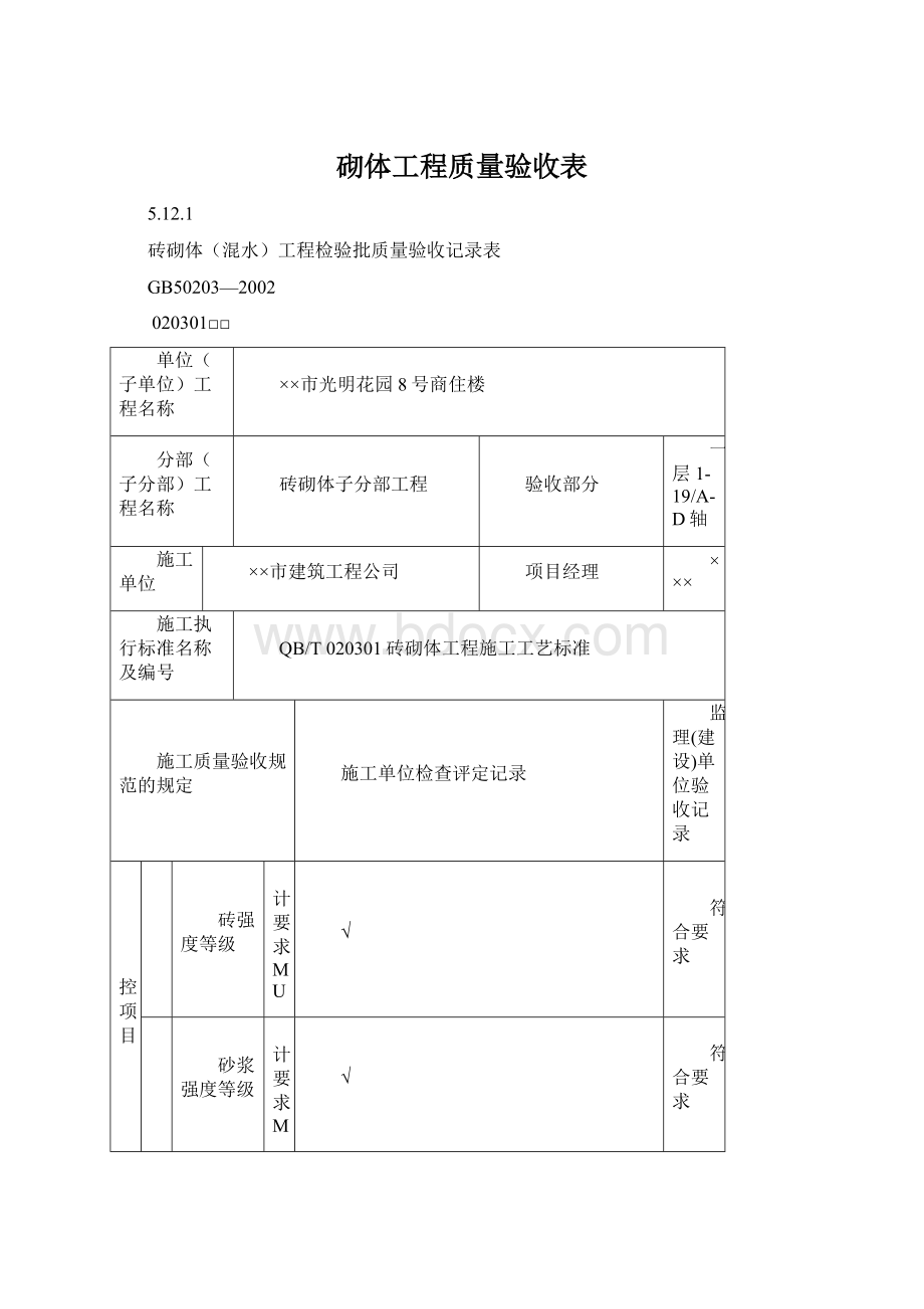 砌体工程质量验收表.docx_第1页