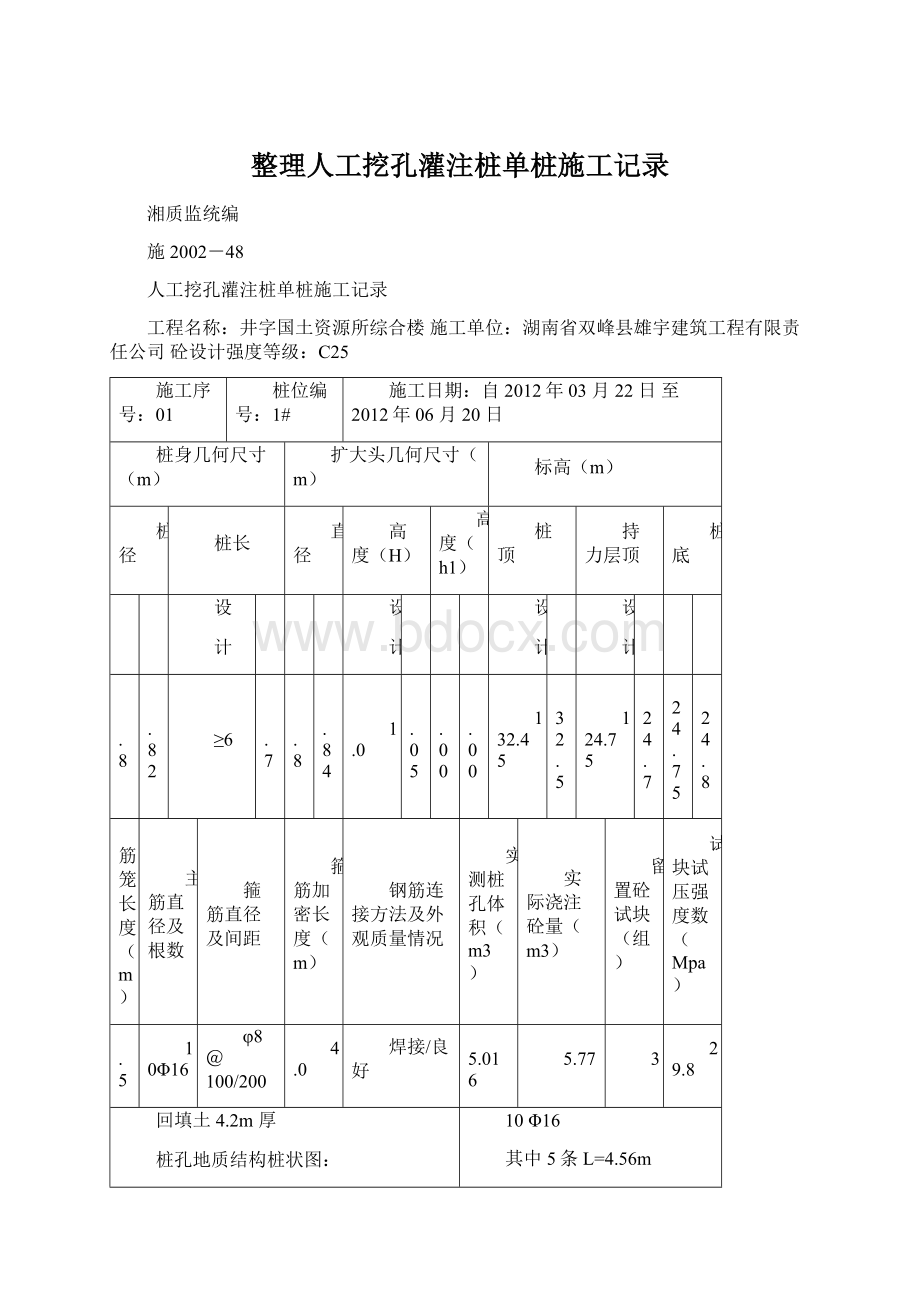 整理人工挖孔灌注桩单桩施工记录.docx_第1页