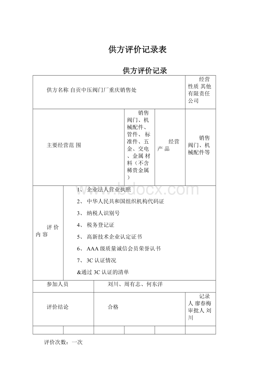 供方评价记录表.docx_第1页