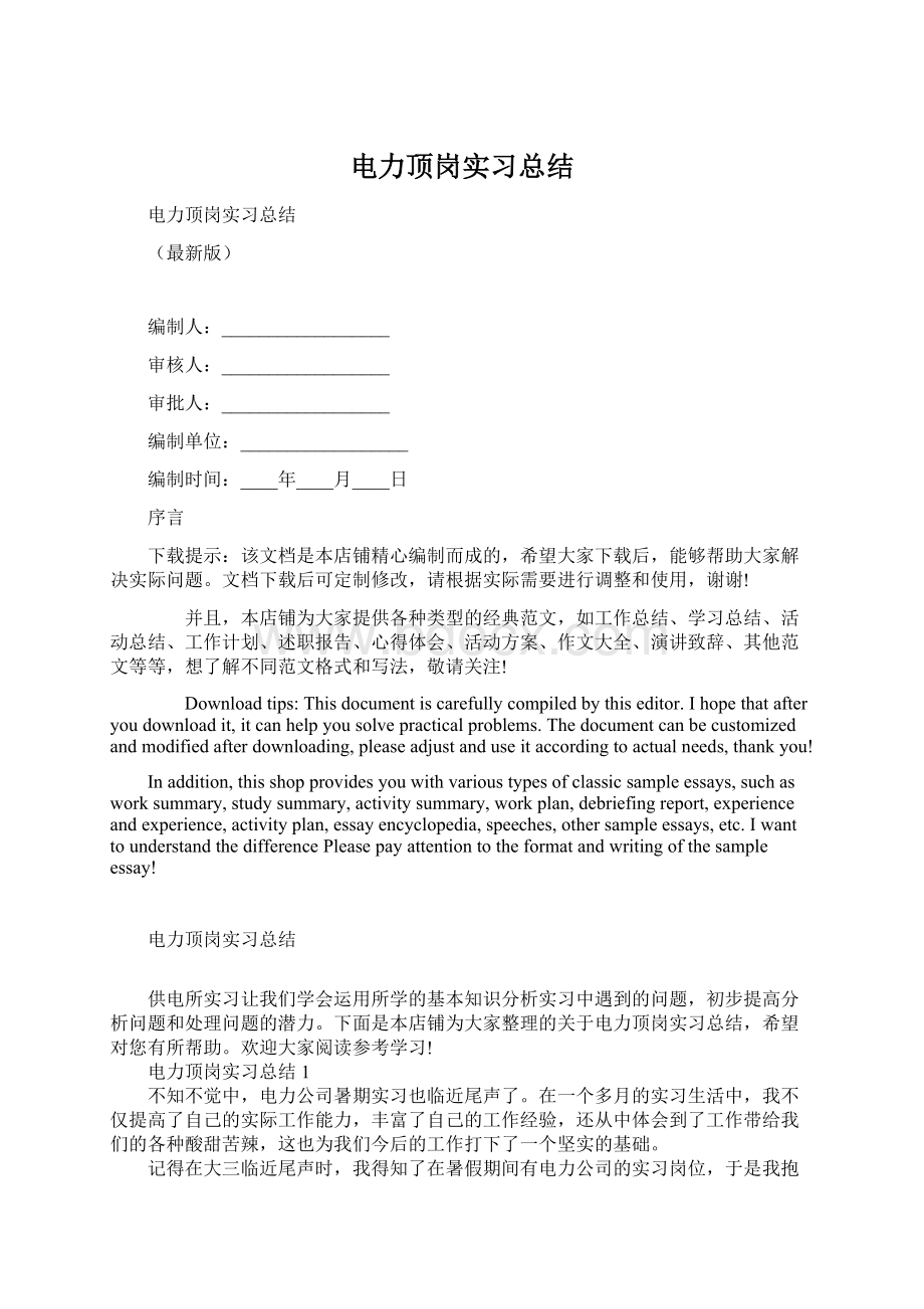 电力顶岗实习总结Word格式文档下载.docx