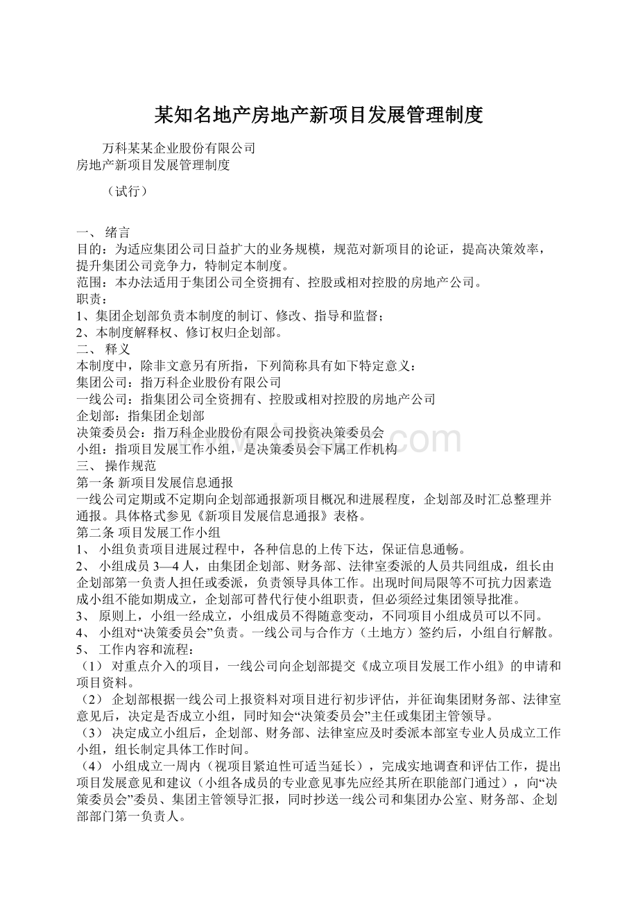 某知名地产房地产新项目发展管理制度Word格式文档下载.docx