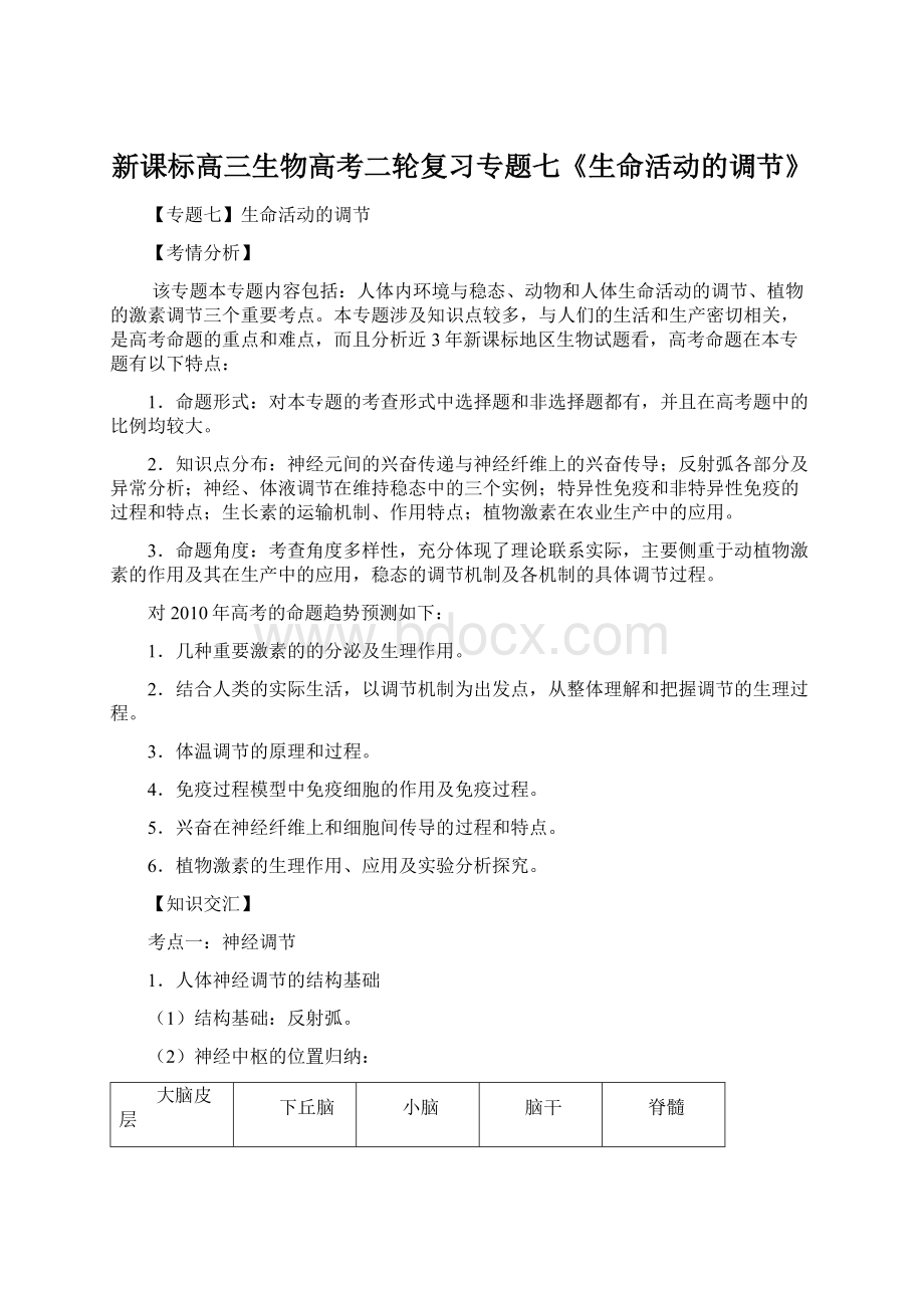 新课标高三生物高考二轮复习专题七《生命活动的调节》Word文件下载.docx_第1页