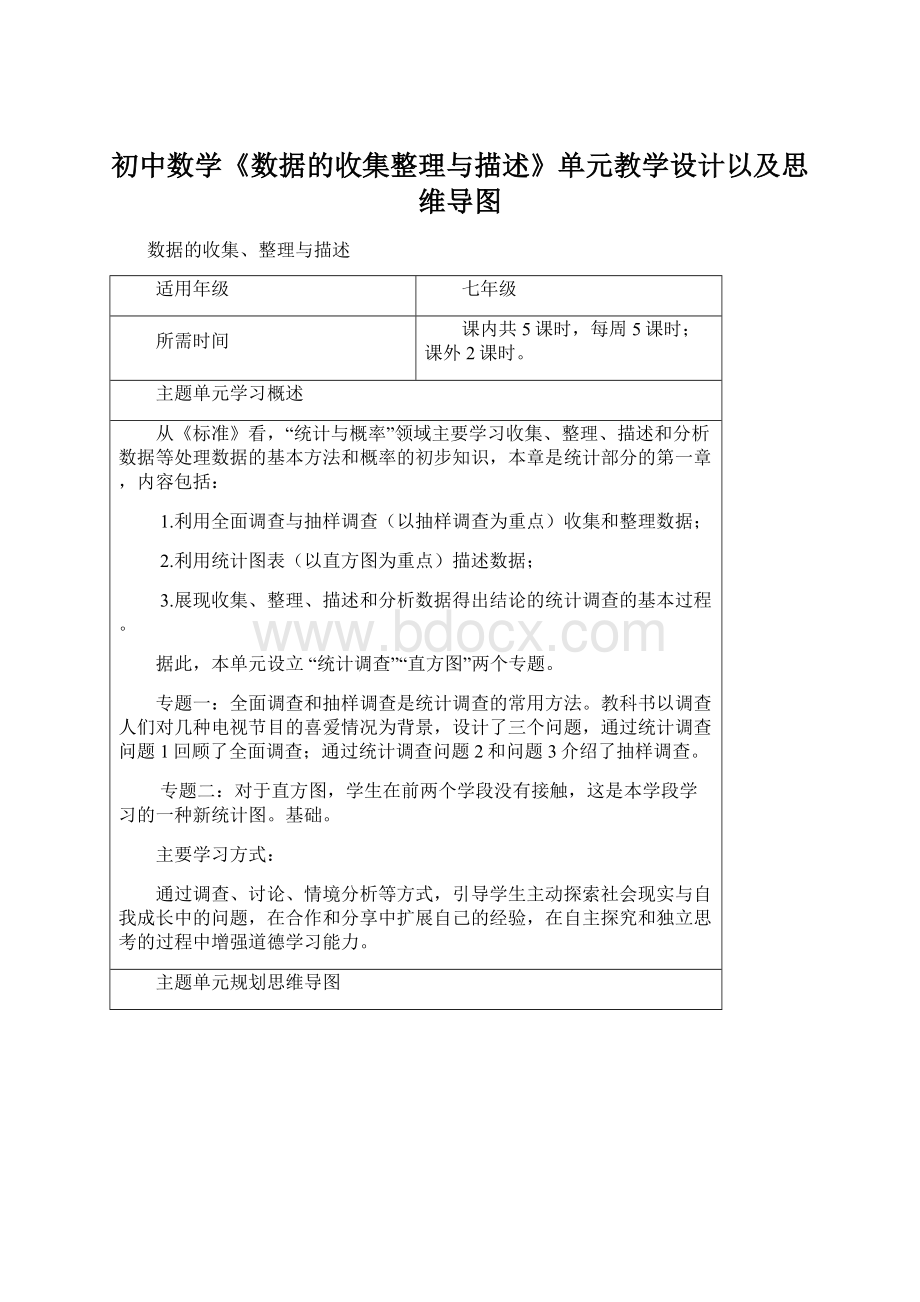 初中数学《数据的收集整理与描述》单元教学设计以及思维导图Word文件下载.docx