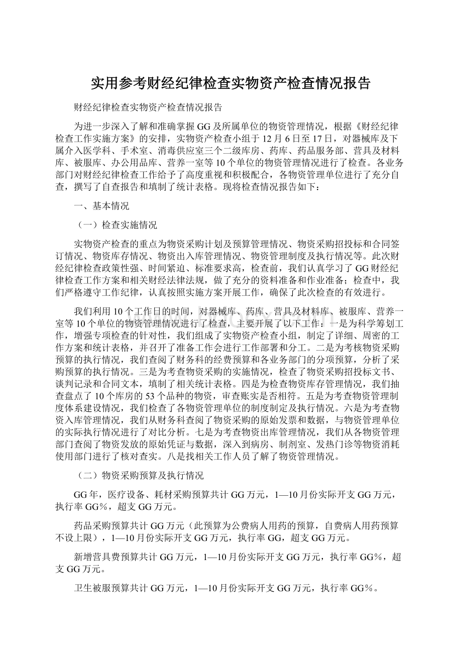 实用参考财经纪律检查实物资产检查情况报告.docx_第1页