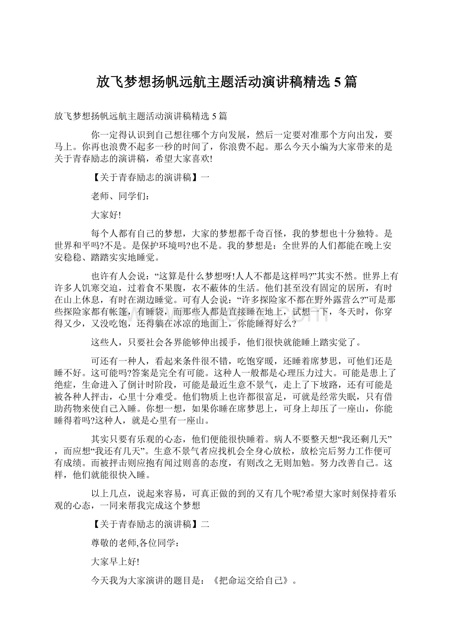 放飞梦想扬帆远航主题活动演讲稿精选5篇Word文档格式.docx