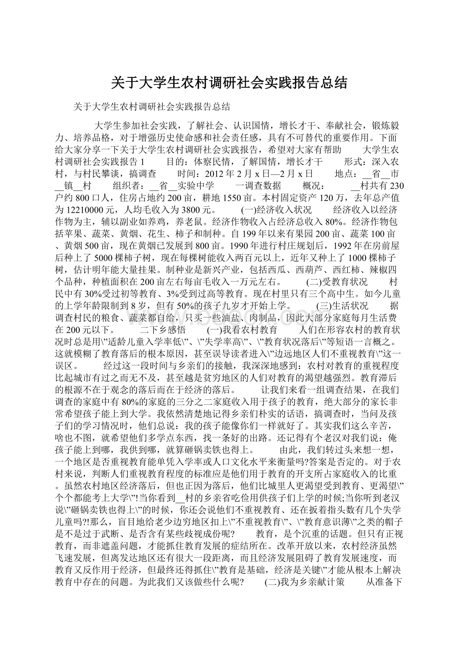 关于大学生农村调研社会实践报告总结Word下载.docx