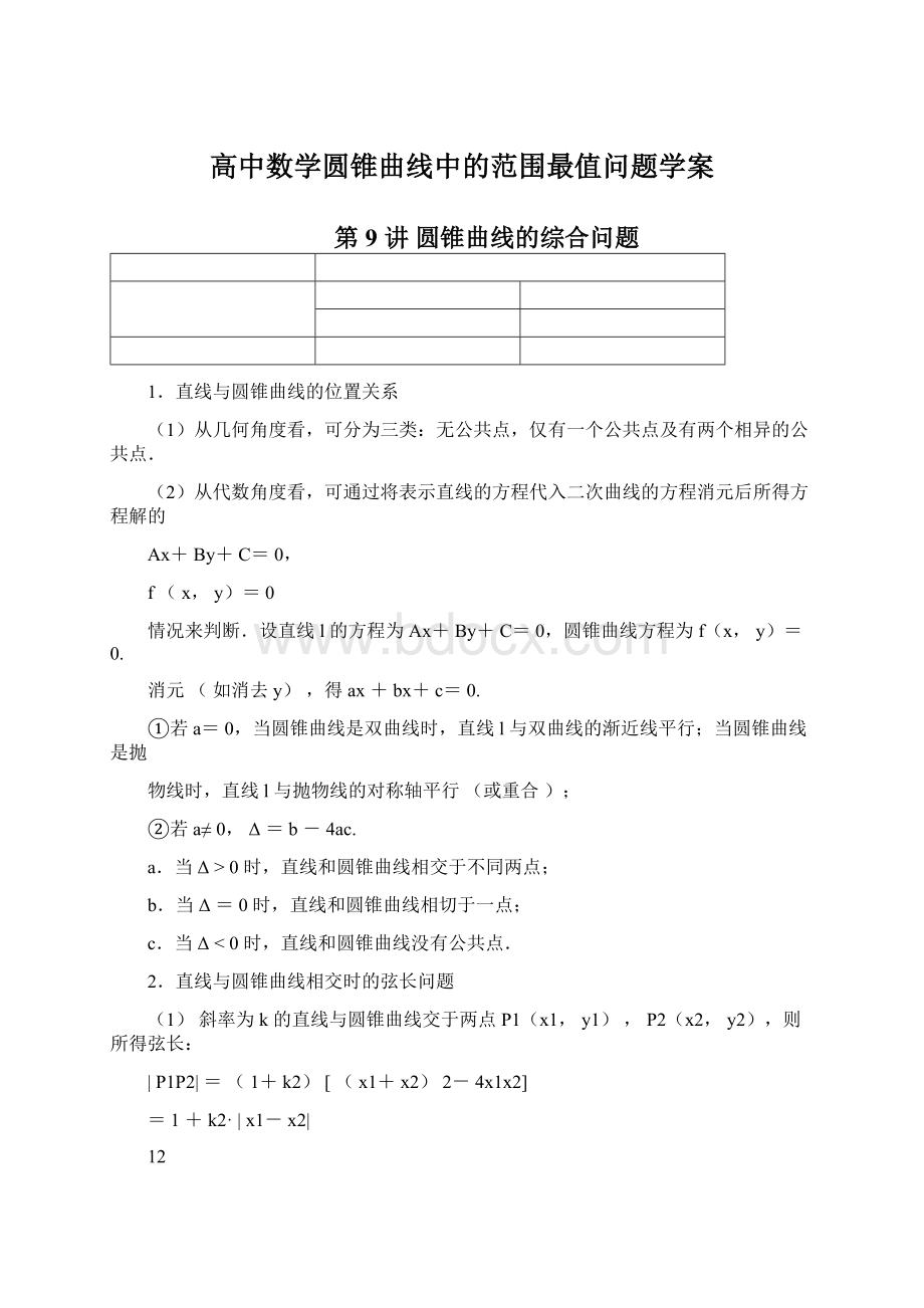 高中数学圆锥曲线中的范围最值问题学案文档格式.docx